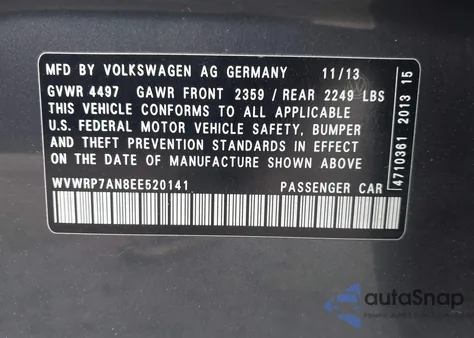 2014 Volkswagen Cc 2.0T Executive from USA, damaged, VIN WVWRP7AN8EE520141